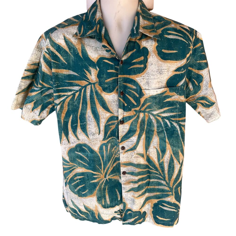 VTG Hilo Hattie Hawaiian Button Up Short Sleeve Shirt Hibiscus Palm Leaf Mens M